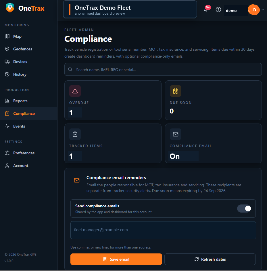 OneTrax dashboard compliance screen