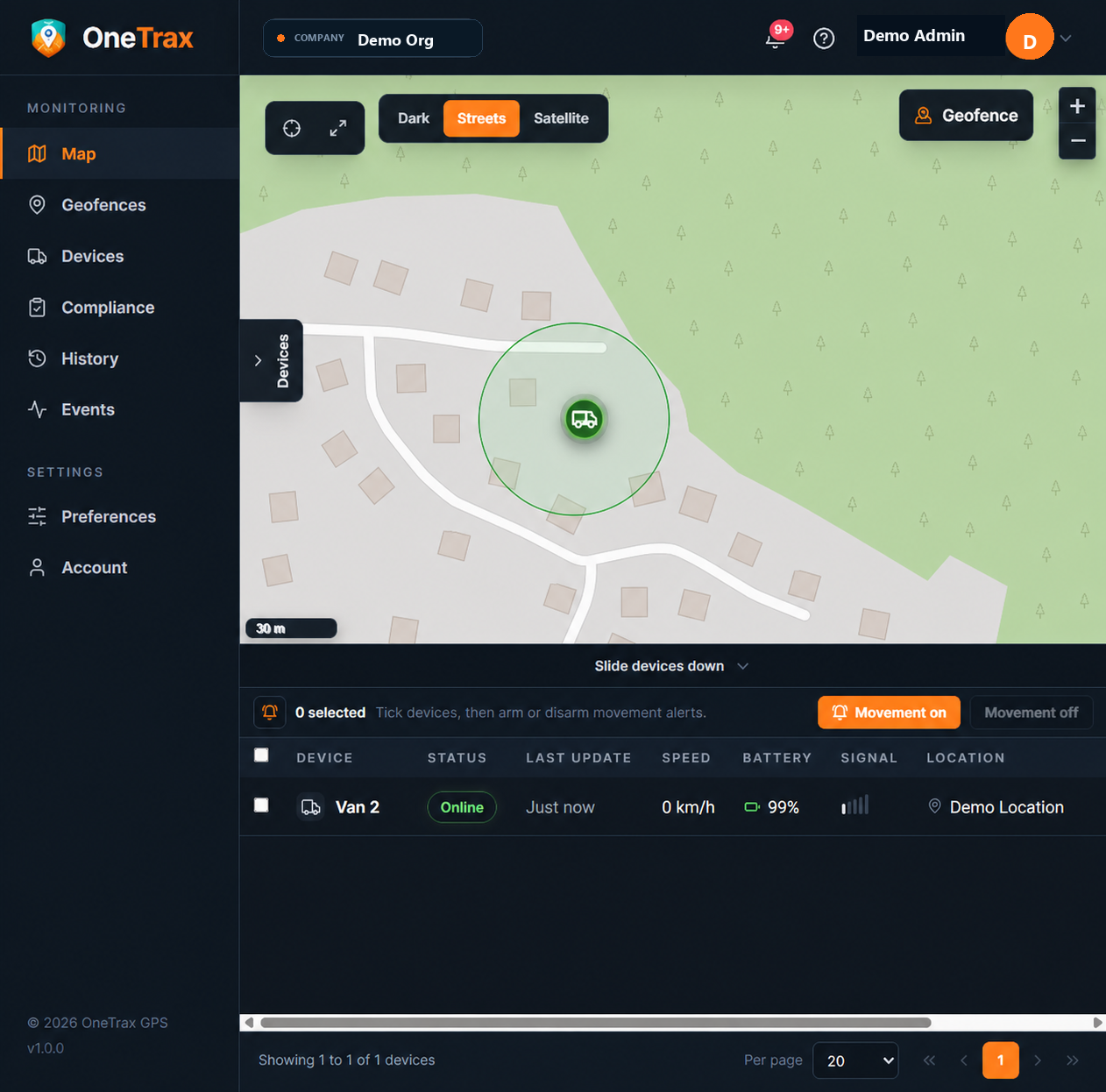 OneTrax dashboard demo map and device table