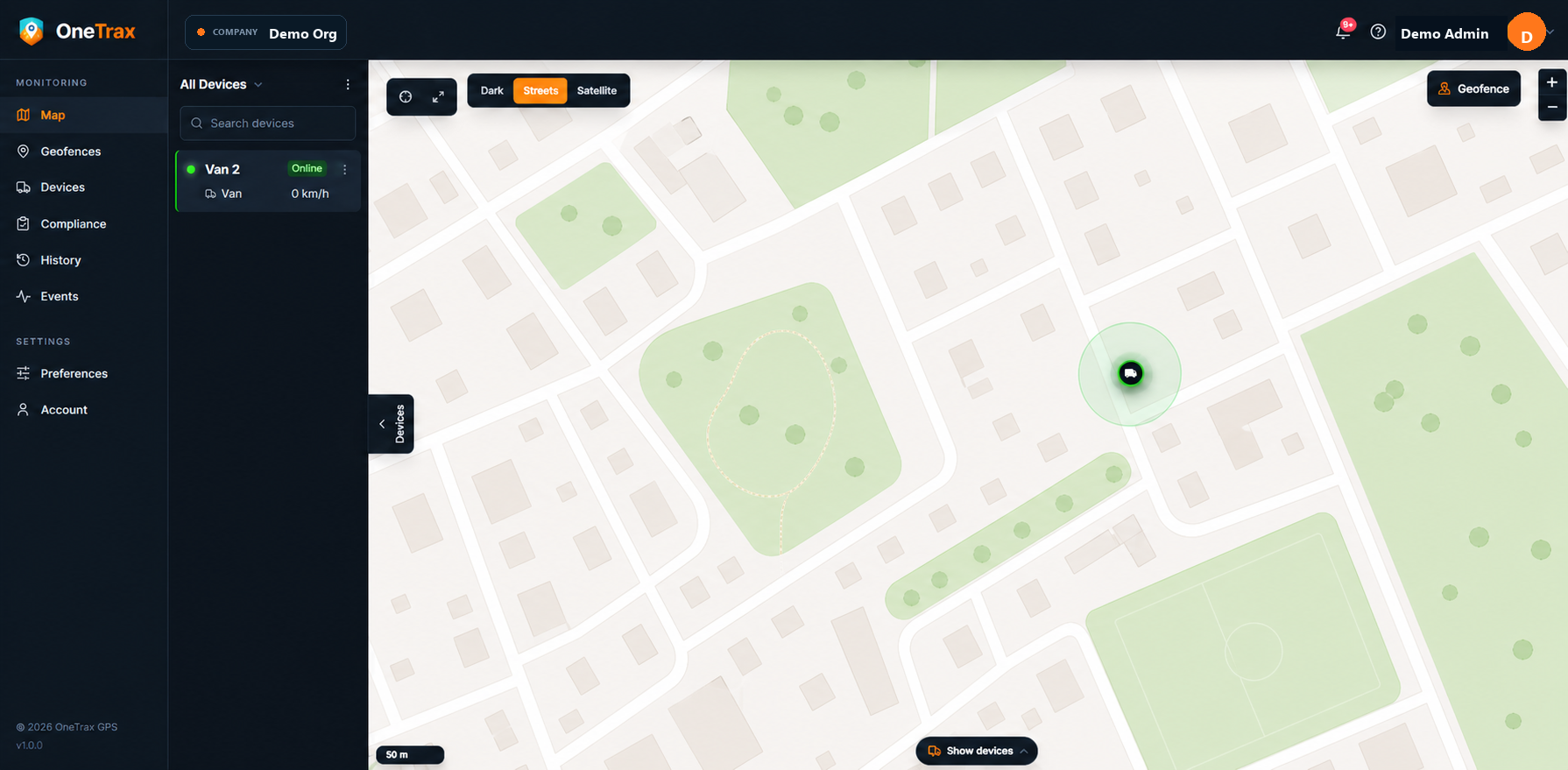 OneTrax dashboard demo map with one online van marker